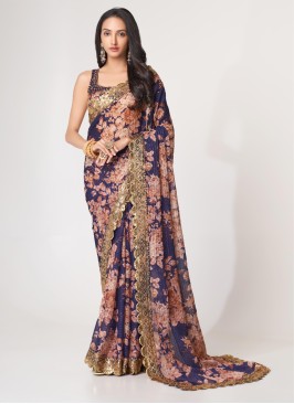 Lovely Purple Floral Printed Organza Party Wear Saree