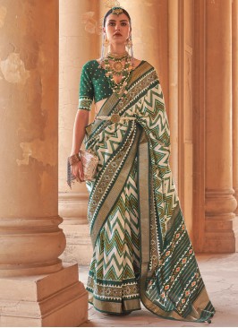 Lovely Green and White Patola Printed Silk Saree