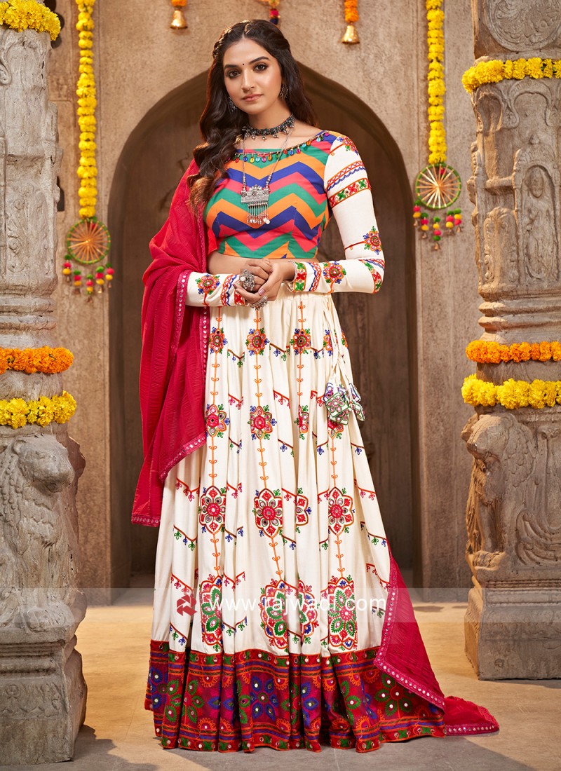 White Color Printed Silk Lehenga Choli With Dupatta