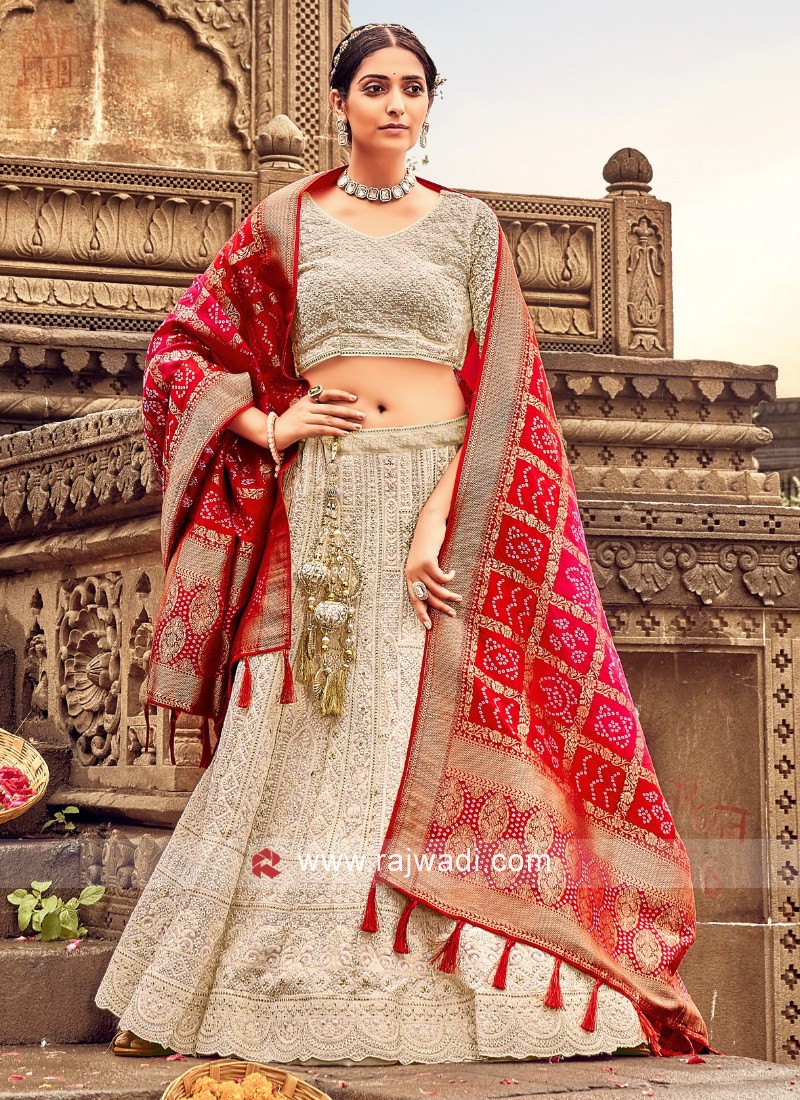 Astounding Cream and Red Colored Designer Lehenga Choli, Shop wedding lehenga  choli online