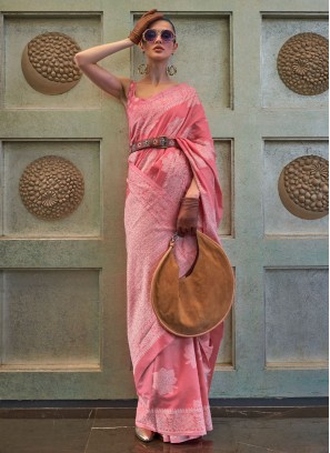 Lucknowi Chikankari Embroidered Cotton Saree in Pink