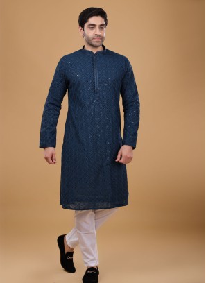 Lucknowi Teal Blue Wedding Wear Kurta Pajama