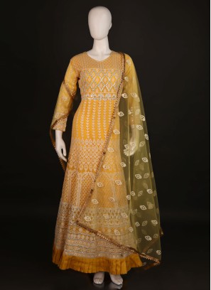 Lucknowi Work Anarkali Suit In Yellow Color