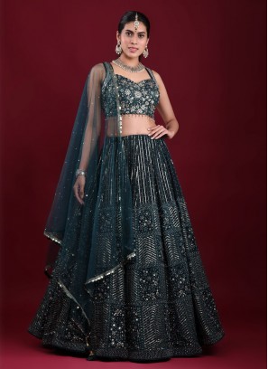 Lucknowi Work Bottle Green Color Lehenga Choli