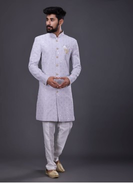 Lucknowi Work Indowestern In Grey Color