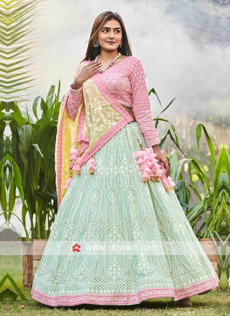 Coral Pink Lucknowi Work Pure Viscose Lehenga Choli