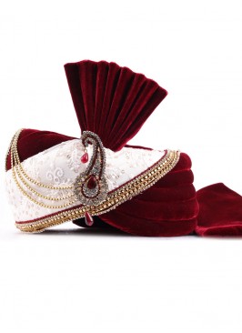 Lucknowi Work Maroon And White Safa For Groom