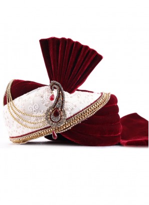 Lucknowi Work Maroon And White Safa For Groom