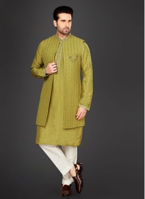 Lucknowi Work Nehru Jacket Set For Groom