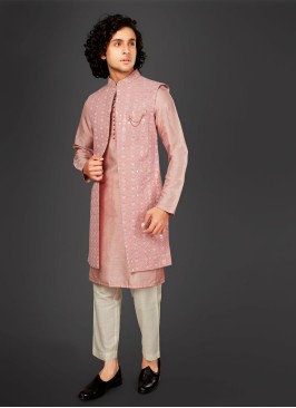 Lucknowi Work Peach Color Nehru Jacket Suit