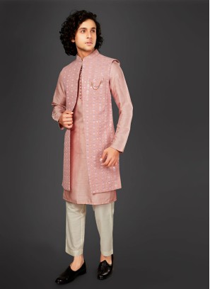 Lucknowi Work Peach Color Nehru Jacket Suit