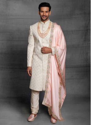 Lucknowi Work Sherwani In Off White Color