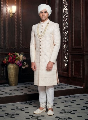 Lucknowi Work Sherwani In Peach Color