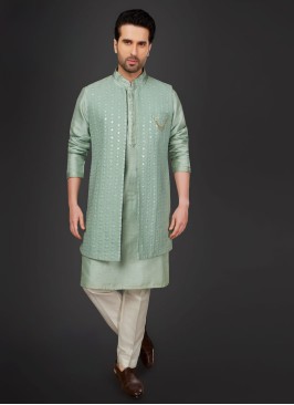 Lucknowi Work Silk Nehru Jacket Suit