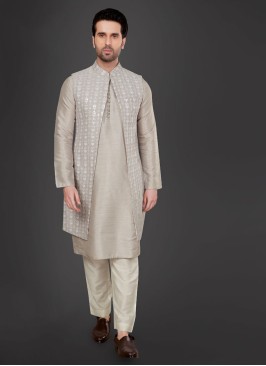 Lucknowi Work Silk Nehru Jacket Suit