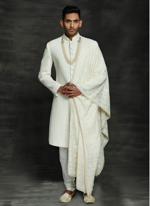 Lucknowi Work White Wedding Sherwani