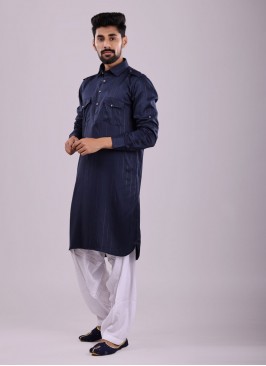 Lurex Lining Work Pathani Suit In Navy Blue Color