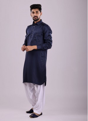 Lurex Lining Work Pathani Suit In Navy Blue Color