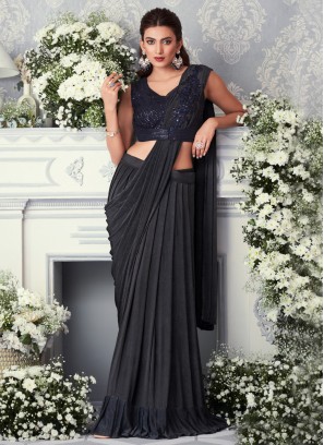 Navy Blue Ready Pleated Saree For Women