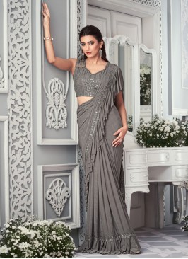 Dark Grey Ready To Wear Wedding Saree