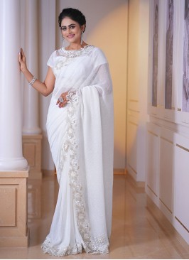 Lycra Net Designer Sequins Embroidered Saree In Off White