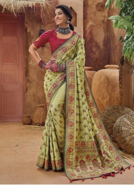 Light Mehndi Green Kachhi Work Banarasi Silk Saree