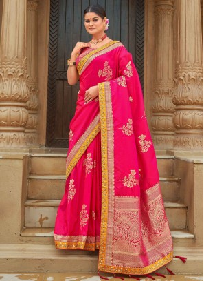 Deep Pink Banarasi Silk Contemporary Saree