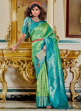 Blue and Green Contemporary Style Banarasi Silk Saree
