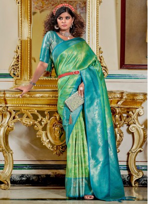 Blue and Green Contemporary Style Banarasi Silk Saree