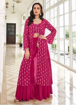 Deep Pink Georgette Sharara Set with Embroidered Jacket