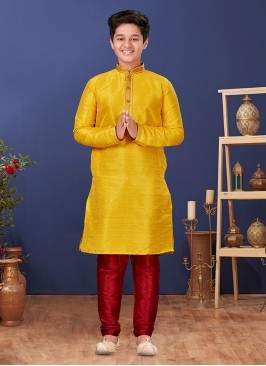 Malbari Silk Yellow And Maroon Kurta Pajama