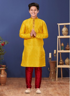 Malbari Silk Yellow And Maroon Kurta Pajama