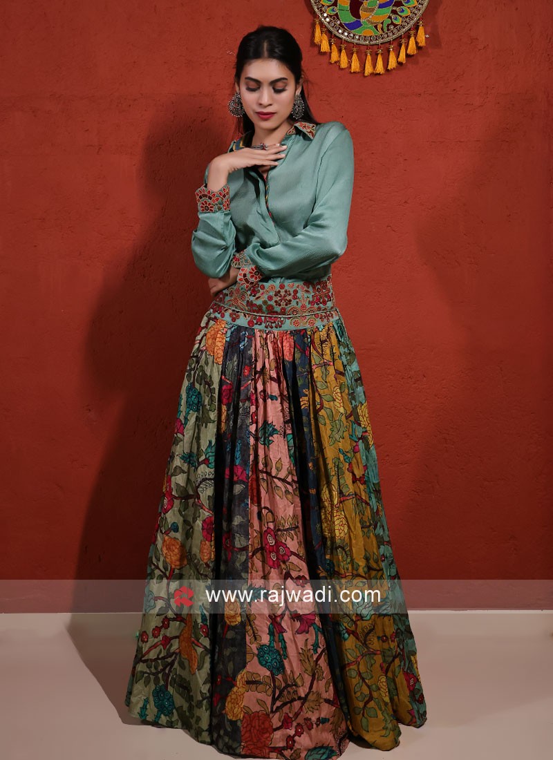 Teal Blue Scalloped Long Shirt – Frilled Lehenga n Dupatta