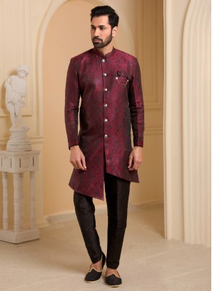 Maroon And Black Indowestern In Jacquard Silk