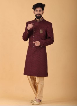 Maroon And Golden Jacquard Silk Indowestern