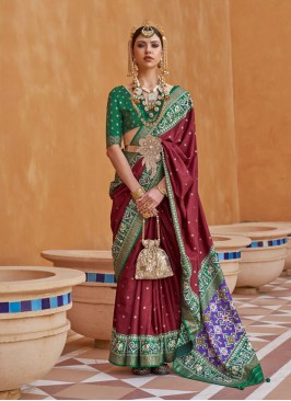 Maroon and Green Patola Print Silk Contemporary Saree