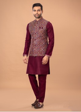 Maroon Art Silk Wedding Wear Nehru Jacket Suit