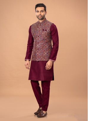 Maroon Art Silk Wedding Wear Nehru Jacket Suit