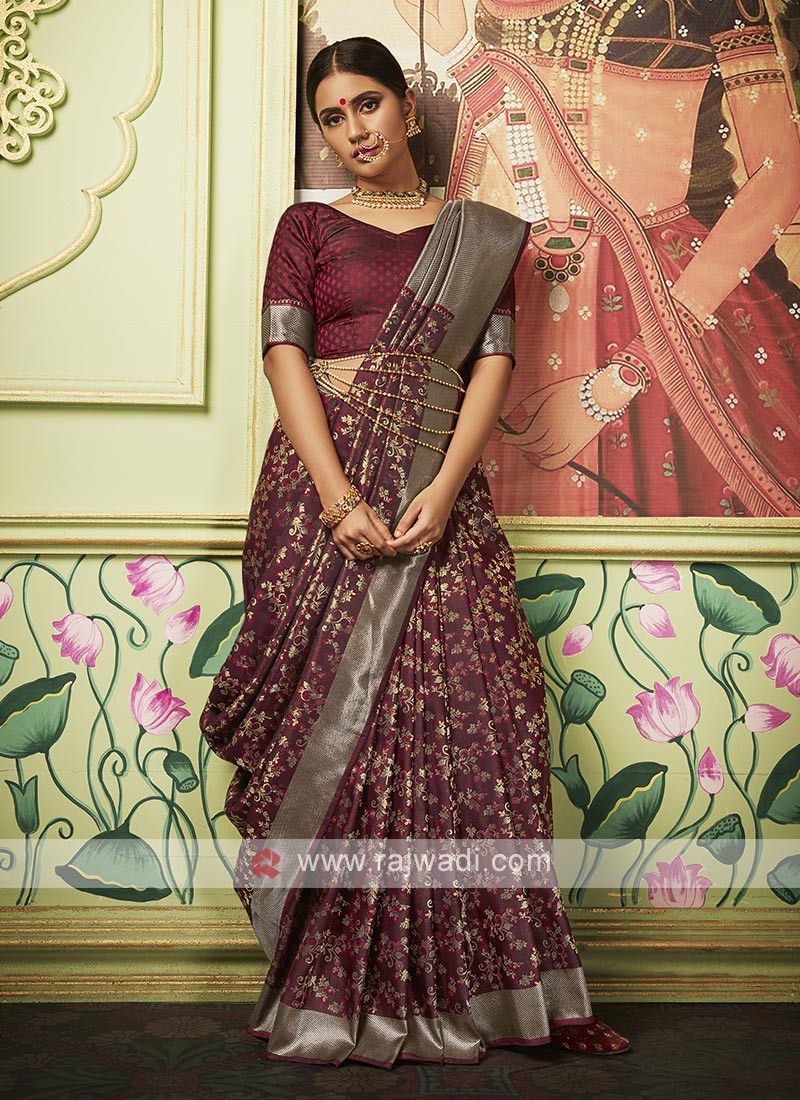 Wine Maroon Georgette Saree with Black Net Blouse|SARV156555