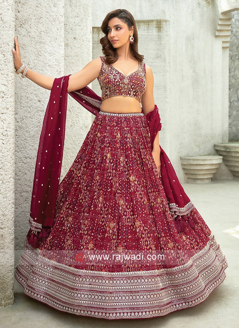Buy Odette Heavy Designer Maroon Organza Semi Stitched Lehenga with  Unstitched Blouse (Set of 3) online