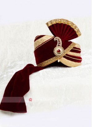 Maroon And Golden Color Velvet Safa For Marriage