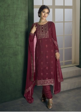 Maroon Embroidered Designer Straight Suit