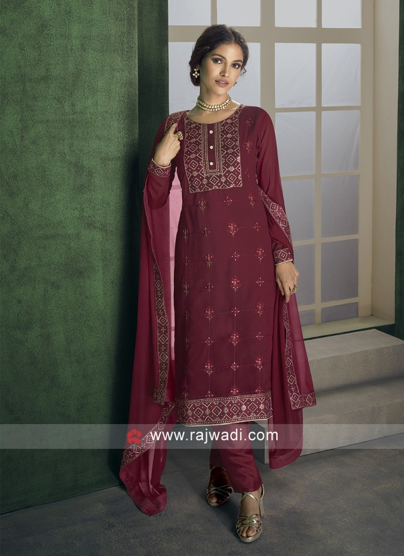 Maroon Embroidered Designer Straight Suit