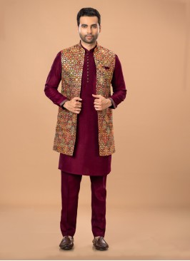 Maroon Embroidered Nehru Jacket Set For Men