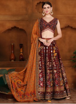 Maroon Festive Silk Lehenga Choli With Chiffon Dupatta