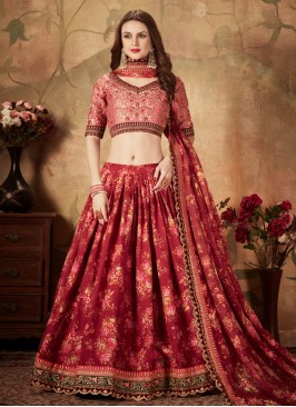 Maroon Floral Print Organza Designer Lehenga Choli