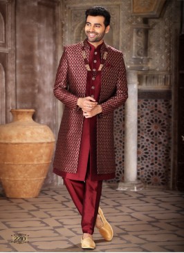 Maroon Jacket Style Indowestern In Jacquard Silk