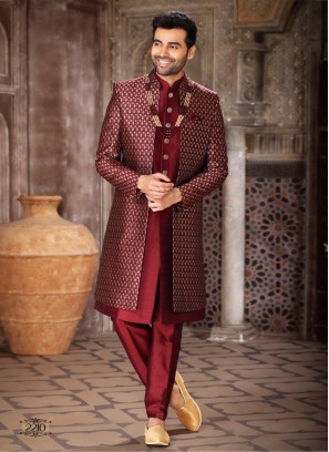 Maroon Jacket Style Indowestern In Jacquard Silk