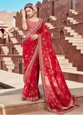 Maroon Organza Floral Printed Saree With Embroider