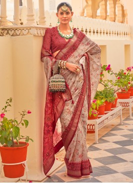 Maroon Floral Printed Chiffon Silk Festive Saree